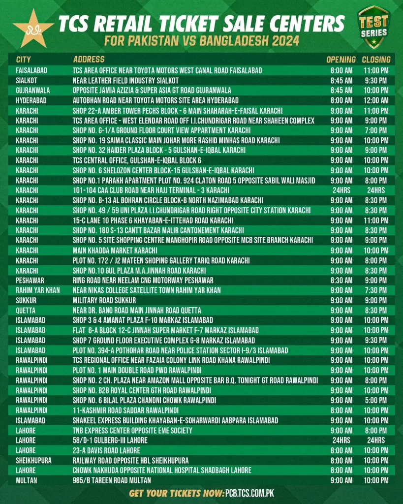 PCB announces ticket prices for Bangladesh Tests TCS Retail tickets sales centers 2024