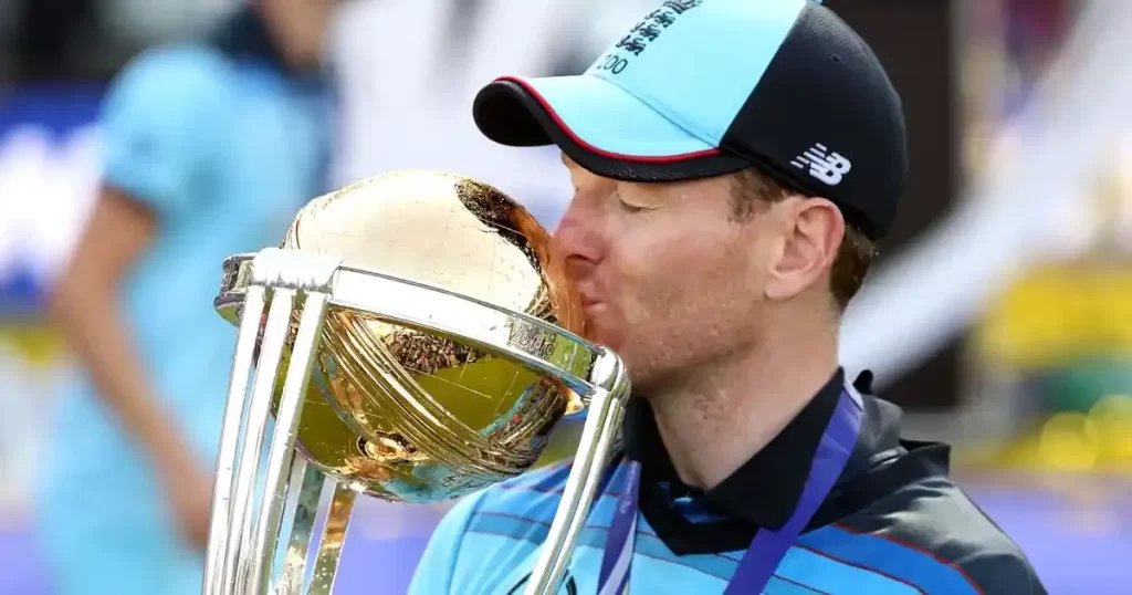 Eoin Morgan leading England in the 2019 World Cup final victory.