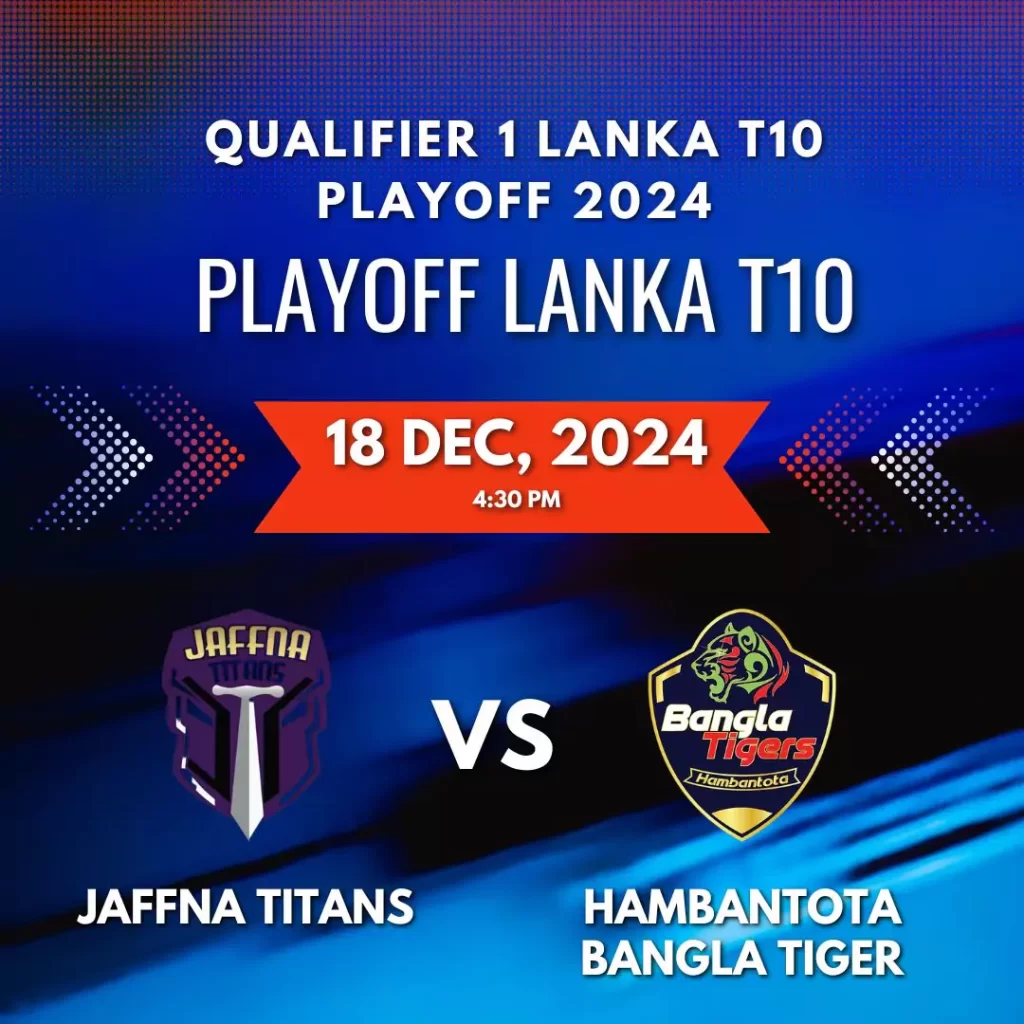 Jaffna Titans vs Hambantota Bangla Tigers - Lanka T10 Qualifier 1 with team squads and venue details