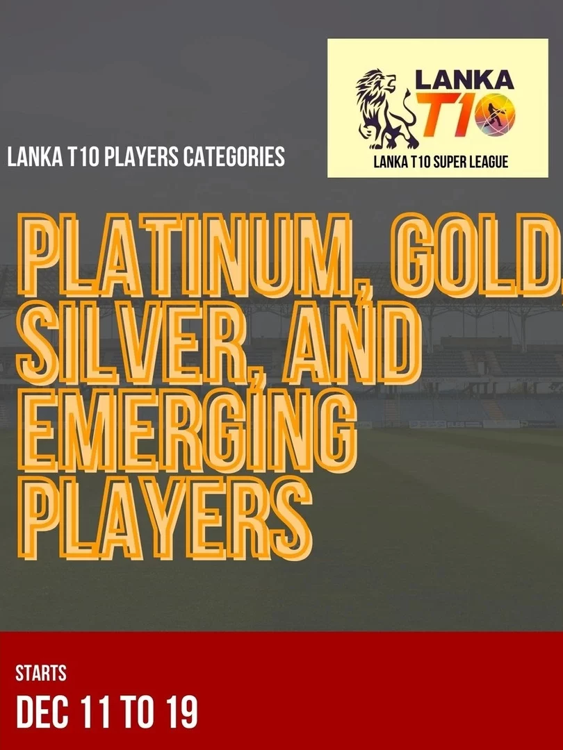 A detailed table of Lanka T10 players categorized into Platinum, Gold, Silver, and Emerging tiers.