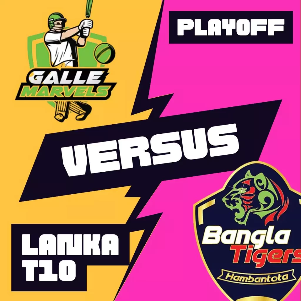 Players of Galle Marvels and Hambantota Bangla Tigers in action during Qualifier 2 of the Lanka T10 Playoff, with team squad and venue details.