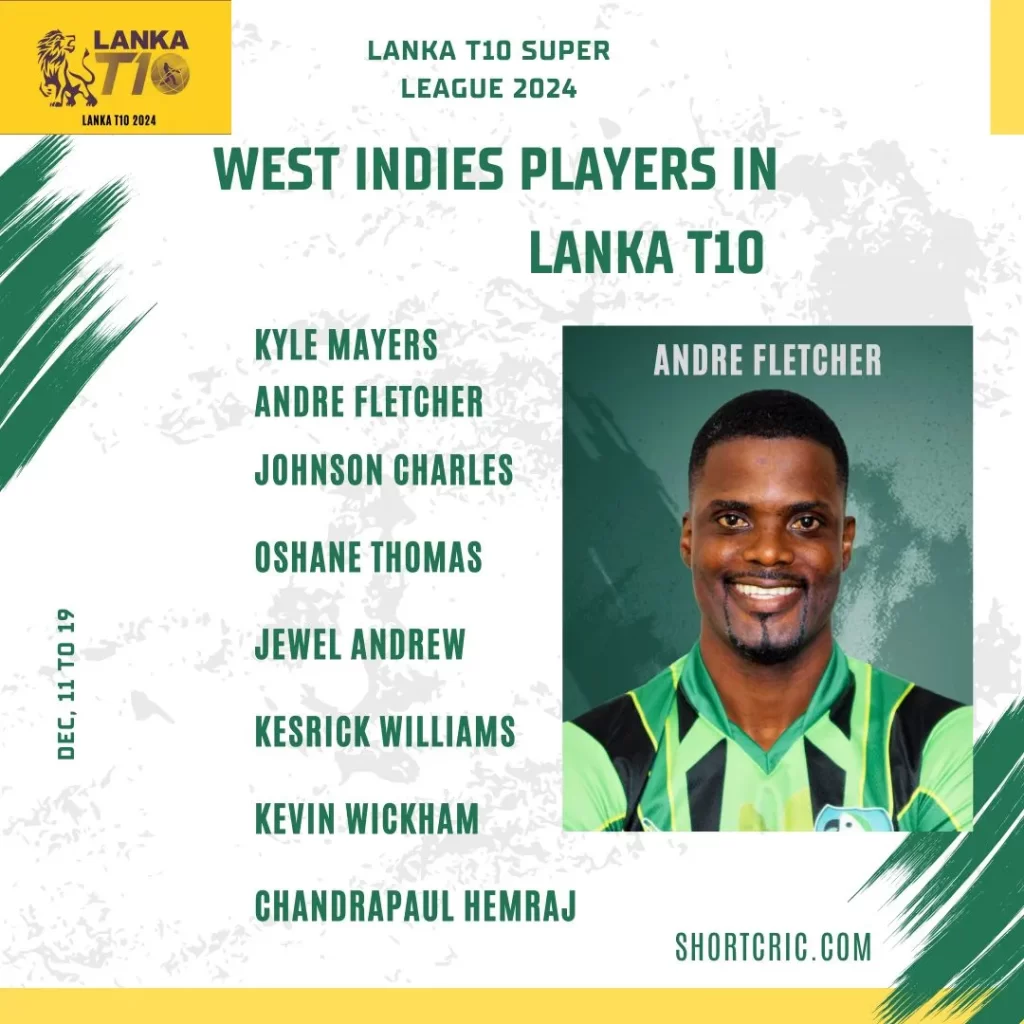 West Indies players participating in Lanka T10 Super League 2024 showing teams, roles, and records